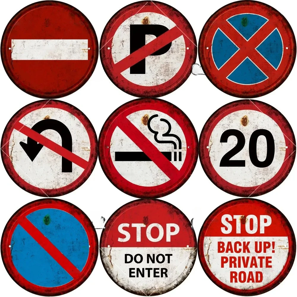 Garage STOP Warning 30CM Round Metal Signs Plate Vintage Plaque Tin Sign Wall Decor for Home Market