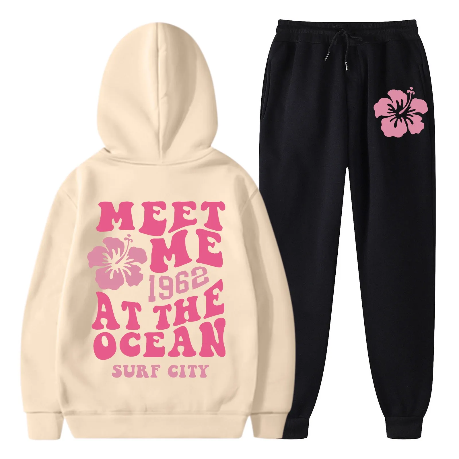 2024 Nieuwe Warme Herfstpak Voor Dames En Winter Effen Kleur Casual Plus Fleece Verdikte Hoodie Met Bloemblaadjes Print Met Trekkoord Lange Broek