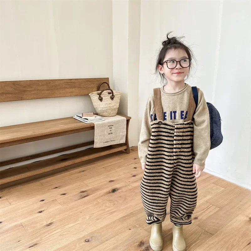 Winter Children Striped Fleece Overalls Kid Boy Thicken Warm Suspenders Jumpsuit Girl Baby Plus Velvet Pants Toddler Trousers