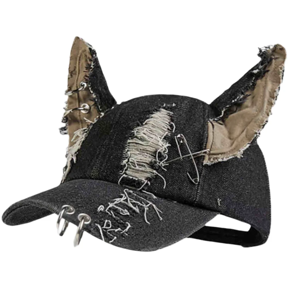 Gorra de béisbol para mujer con orejas de gato desgastadas, alfileres de seguridad metálicos, anillos, acabado de sarga lavada en contraste, talla de cabeza de 56 a 58 cm