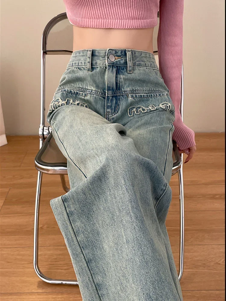 Letter Wide-Leg Jeans Summer Autumn Thin 2024 New High Waist Straight Mop Pants