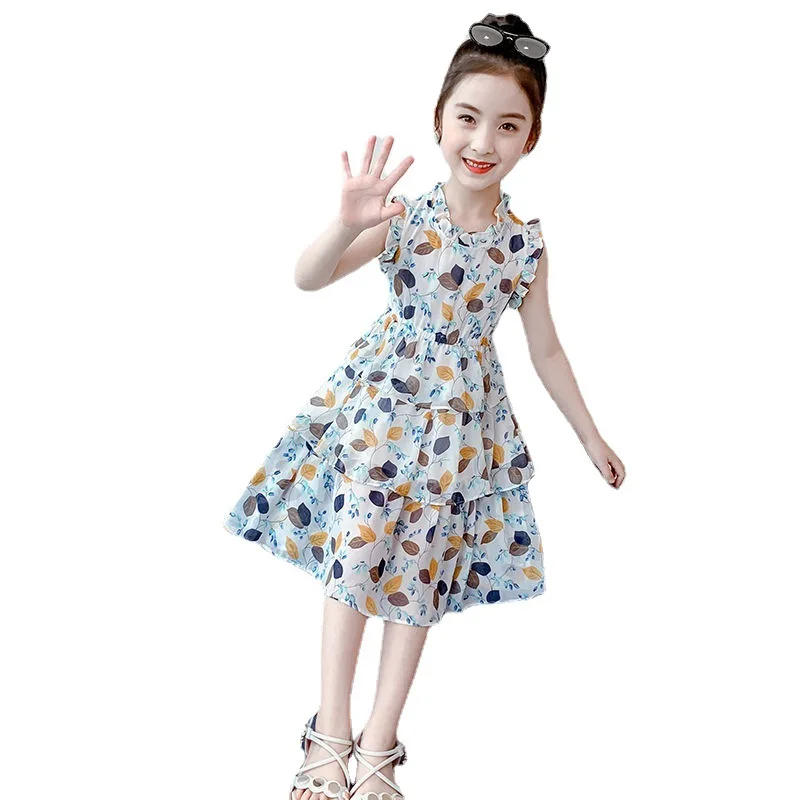 2023 Summer teens Girls Dress Clothes New off shoulder Children floral Pleated lace Kids Wedding mesh leaf 8 9 10 11 12 Years