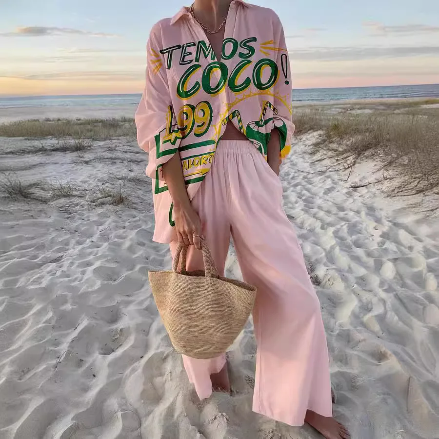 Fashionable 2024 Beach Swim Wear Cover Up Polyester Printed Leisure Vacation Style Two Piece Set For Spring Summer New Product