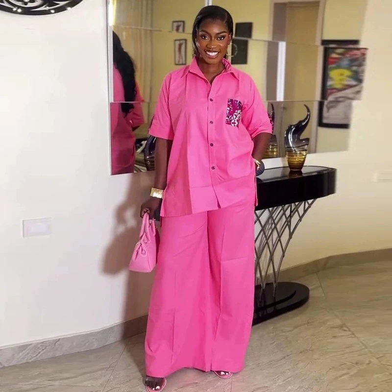 New African Fashion Women Two Piece Set Pink Color Loose Pockets Shorts Sleeve Shirt Top And Pants Set