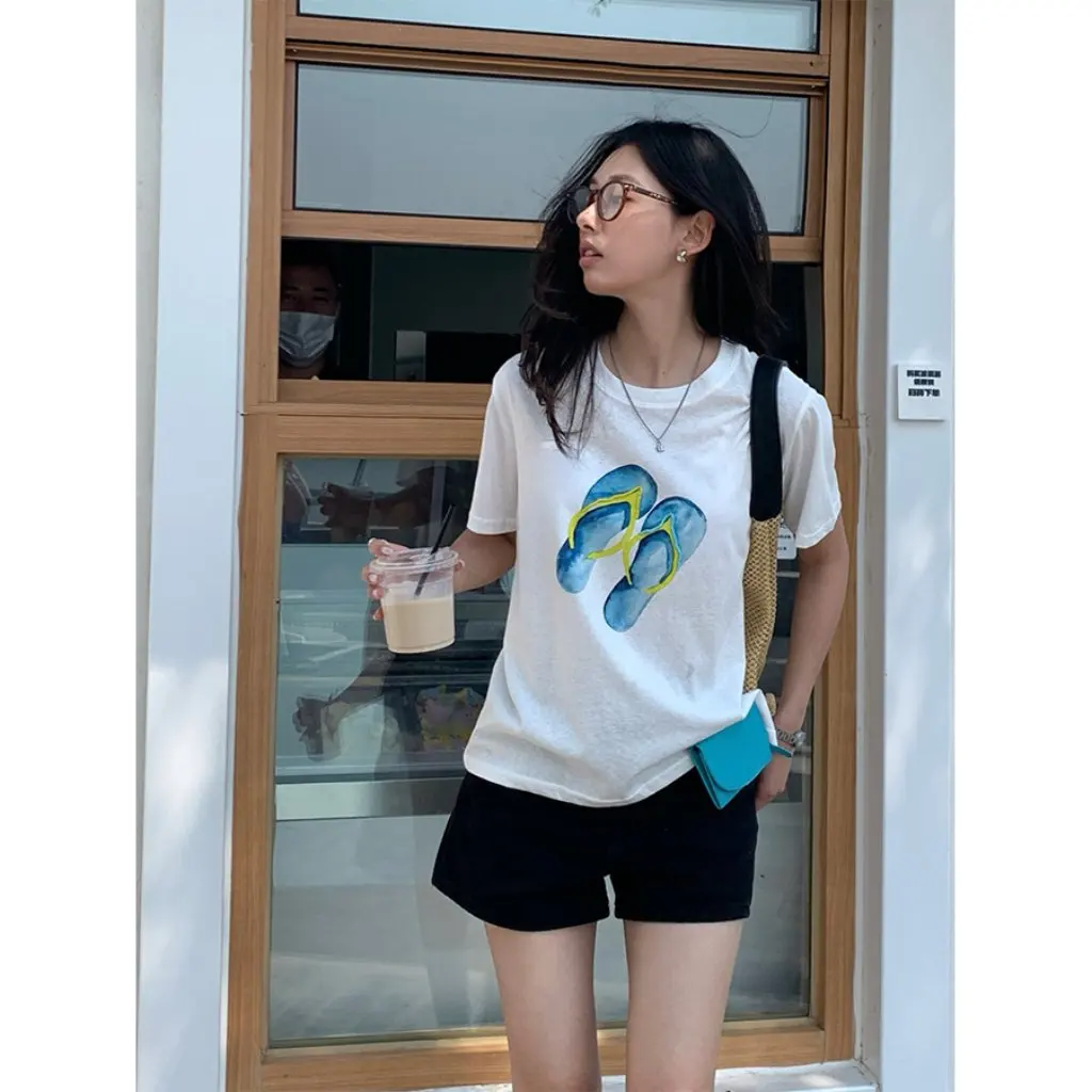 

Korean Creative Cartoon Print Women's T-Shirt Short-Sleeved round Neck Summer Fashion Loose Top Age-Reducing 520653