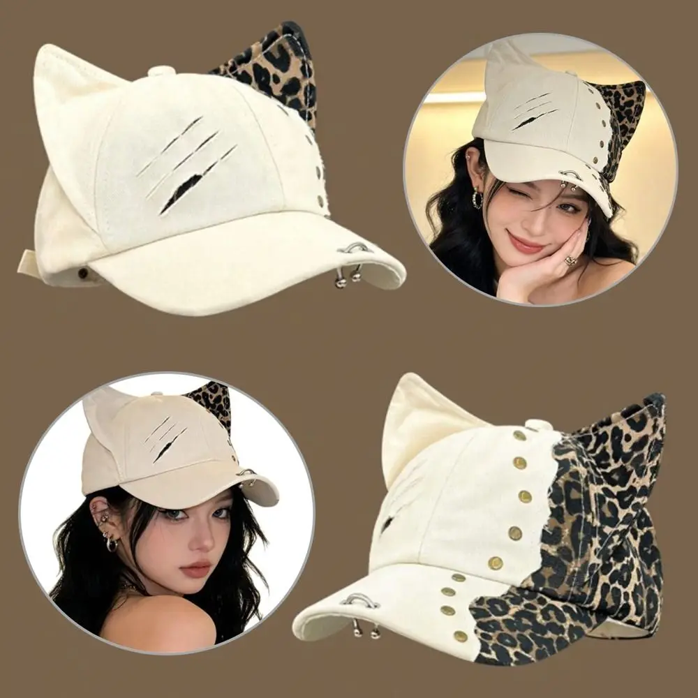 3D Cat Ears Design Baseball Cap Visor Leopard Print Rivet Detail Visor Hat Punk Style Adjustable Visor Cap For Women