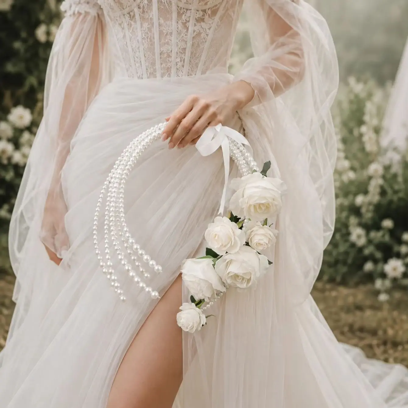 1 Piece of Bohemian Style Ribbon Pearl Chain Crescent Flower Bouquet, Vintage White Rose Bouquet