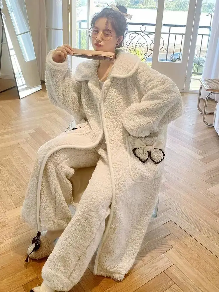 Autumn and Winter Coral Fleece Pajamas Set Women Retro Thickened Flannel Nightdress Home Wear Long Dressing Gown Robes for Women