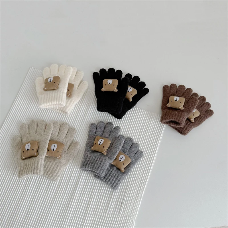 Bear Cute Baby Gloves Winter Warm Thicken Knitted Full Fingers Gloves for Boy Girl Solid Color Cartoon Kids Riding Mittens