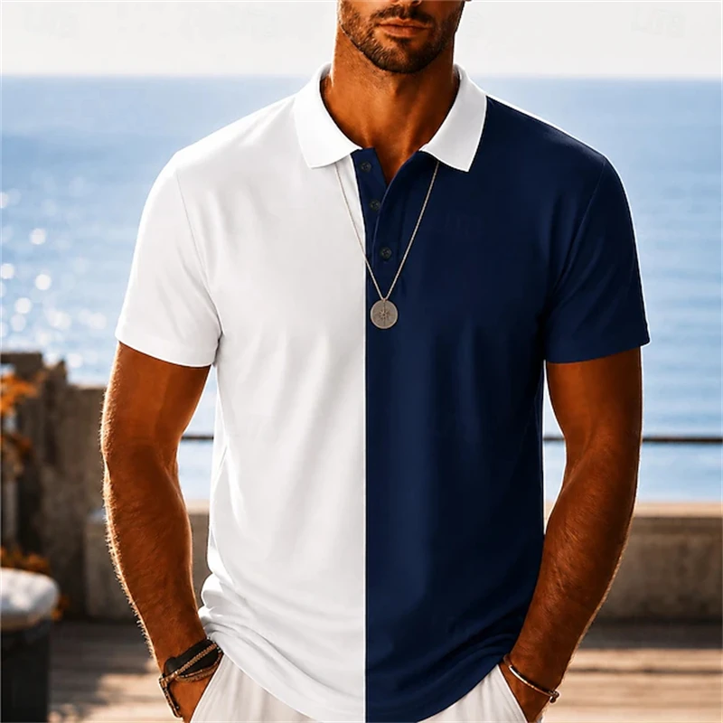 Nouveau Polo Homme Imprimé Bleu et Blanc Tendance et Innovant 2026 – T-shirt Sportif Rafraîchissant d'Été avec Col