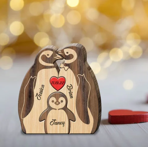 2024 Personalized Wooden Penguin Family Puzzle, 2-5 People With Names, Wooden Animal