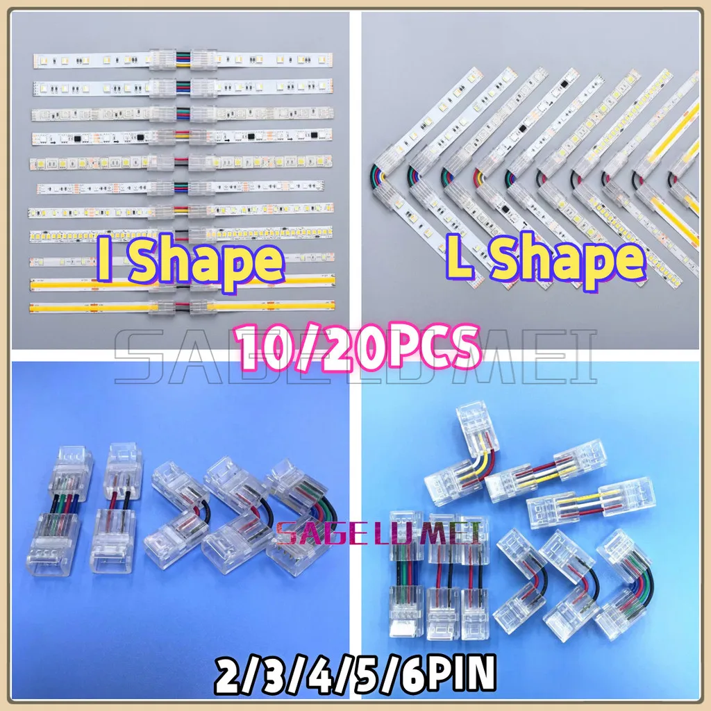 10/20pcs L/I Shape 2/3/4/5/6 Pin Strip Connector 8/10/12mm Angle Adjustable Connectors RGB RGBW RGB+CCT LED Strip Lights