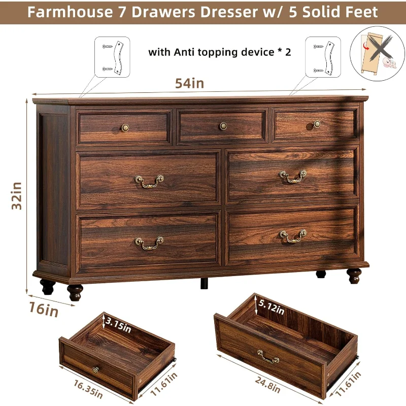 home.Farmhouse 54" 7 Drawers Dresser for Bedroom, Vintage Wood Chest of Drawers w/ 4 Wooden Legs, Wide Closet Storage