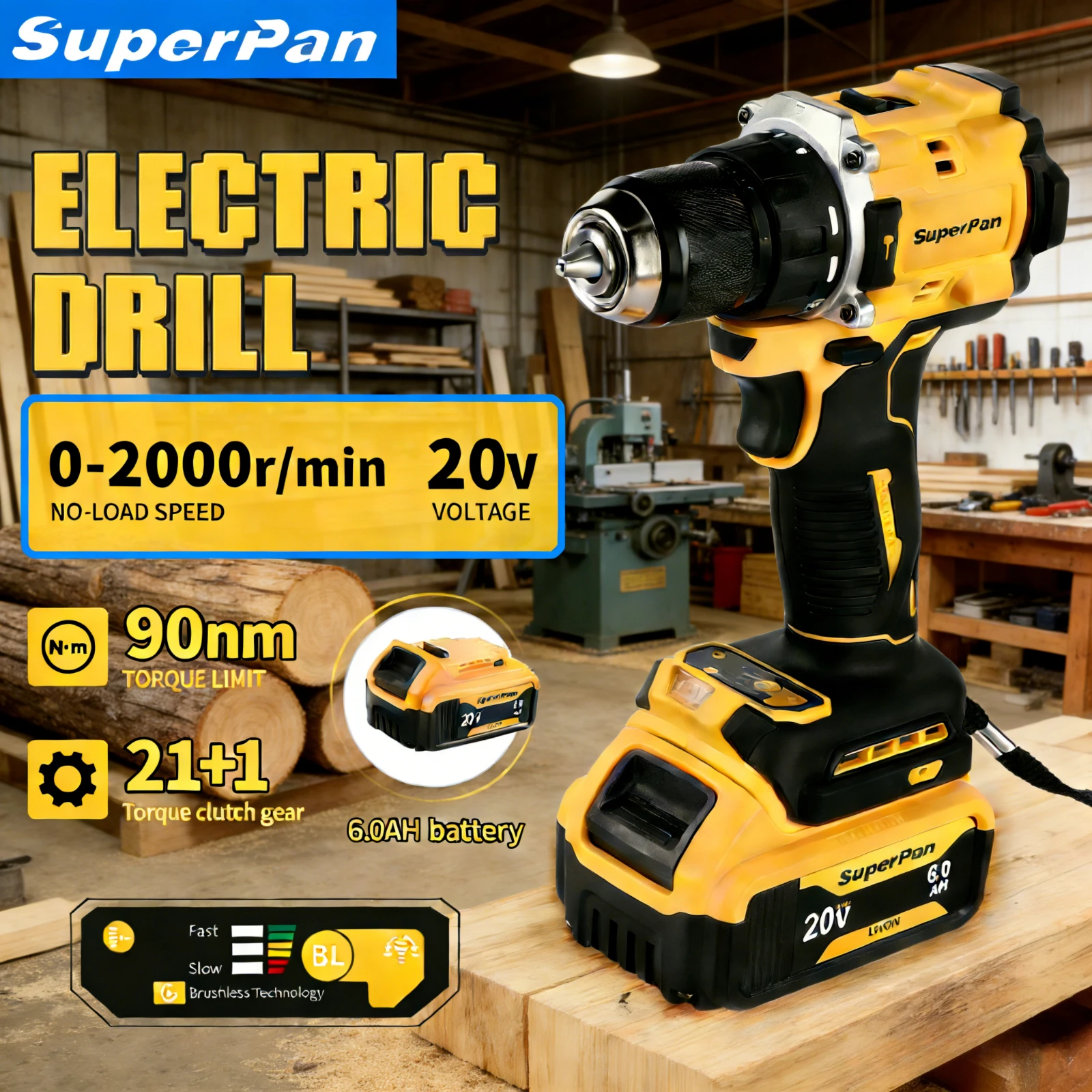 

Бесщеточная дрель SuperPan SP805 с высоким крутящим моментом, патрон 1.5~13 мм, 21+1 передача, низкий уровень шума, долгий срок службы, совместима с аккумулятором DeWalt 20V.