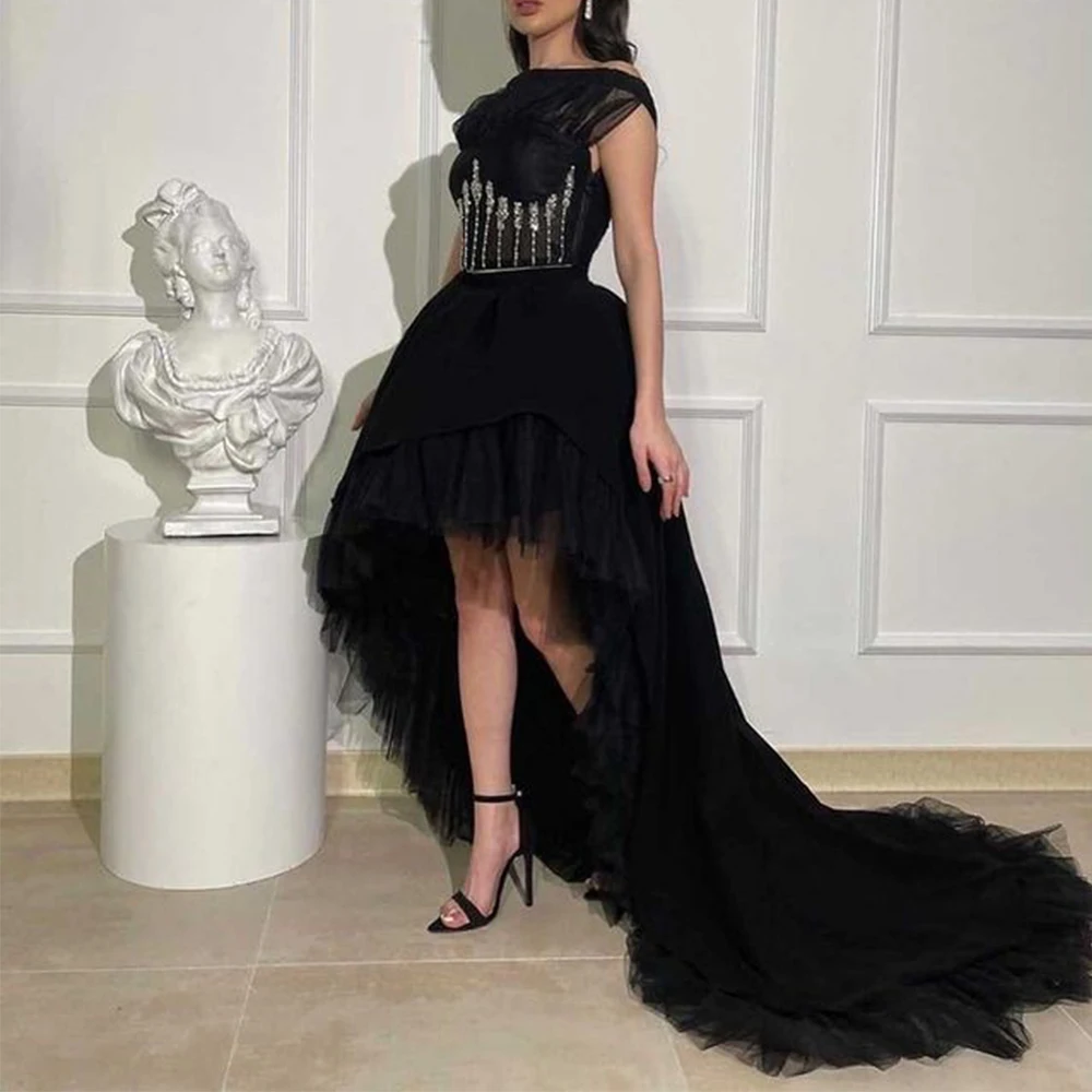 

Flechazo Short Sleeve Prom Dress Boat Neck Off the Shoulder Tulle High/Low with Sweep Train Floor Length Women Party Custom Gown