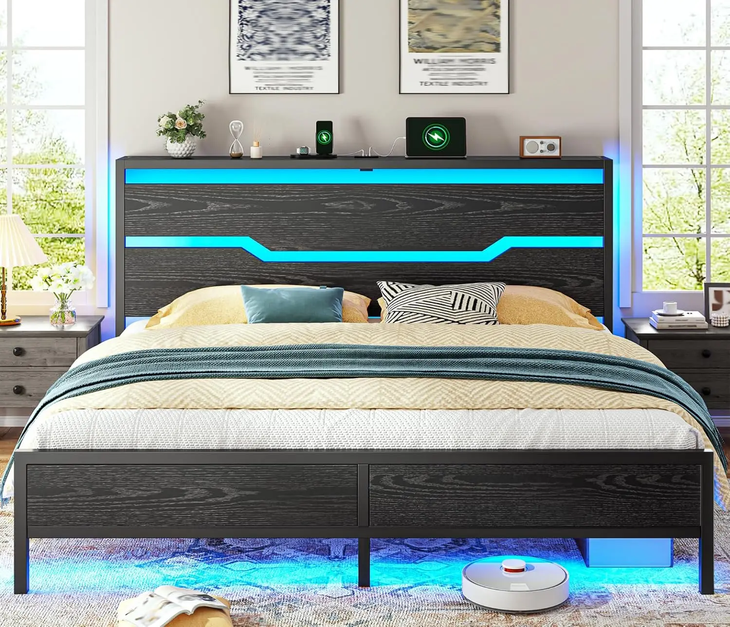 King Size Bed Frame with Headboard & LED Light, Customized
