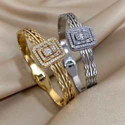 Chunky Stainless Steel Gold Plated Cuff Bracelets Unique Design Multilayer Square Inlaid Rhinestone Bangles Bracelet for Women