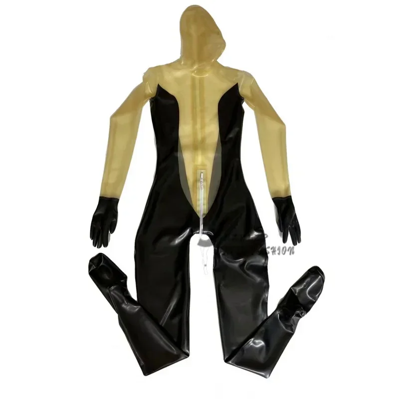 

Sexy Latex Transparent &Black Full Cover Rubber Catsuit Fetish Bodysuits Back Zipper