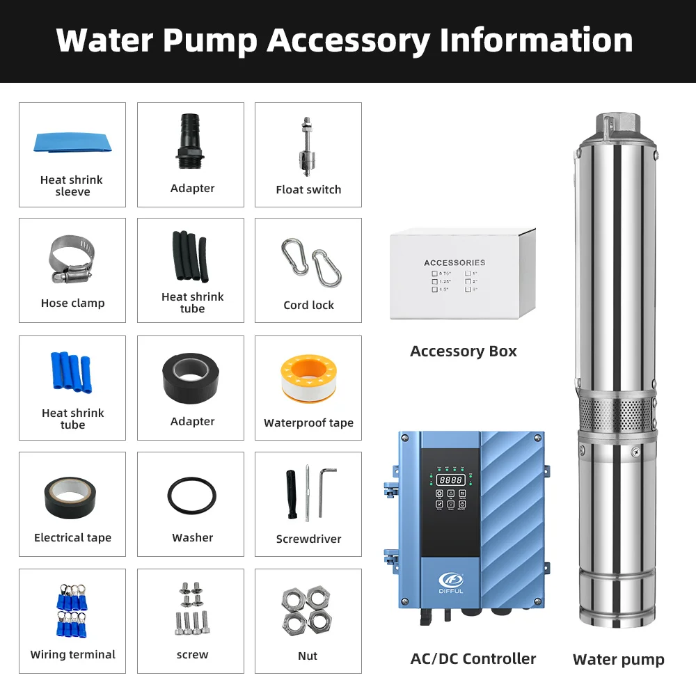 DIFFUL 3 inch High Head Solar Borehole Submersible Water Pump AC/DC Brushless Plastic with MPPT Controller for Farm Irrigation