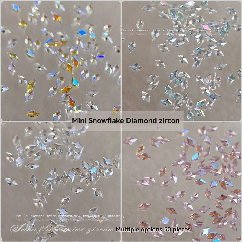 

50pcs Mini Snowflake Rhombus Zircon Nails DIY Accessories,Clear/Champagne/Pink Flatback Crystals, Nail Art Decoration