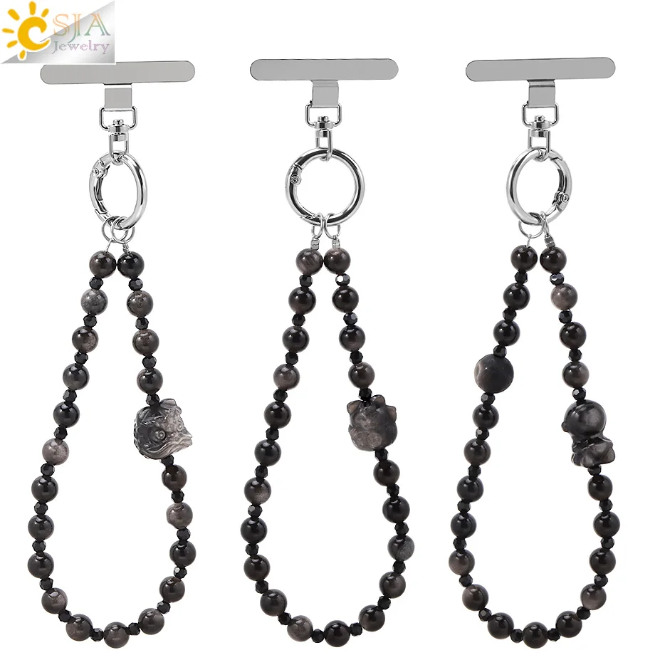 Stylish Glitter Crystal Phone Chain Natural Stone Silver Obsidian Various Patterns Lanyard Anti-Lost KeyChain Phone Strap H837