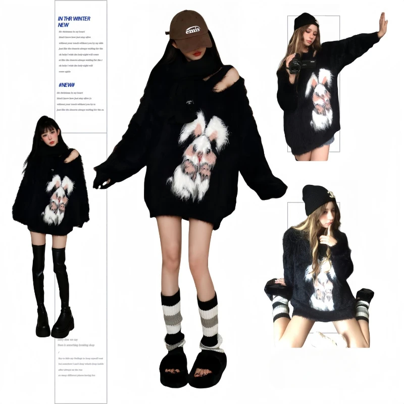 

Sweet Cartoon Y2k Clothes Women Irregular Faux Mink Fluffy Sweater Knit Pullover Long Sleeve Tops Hole Autumn Winter Streetwear