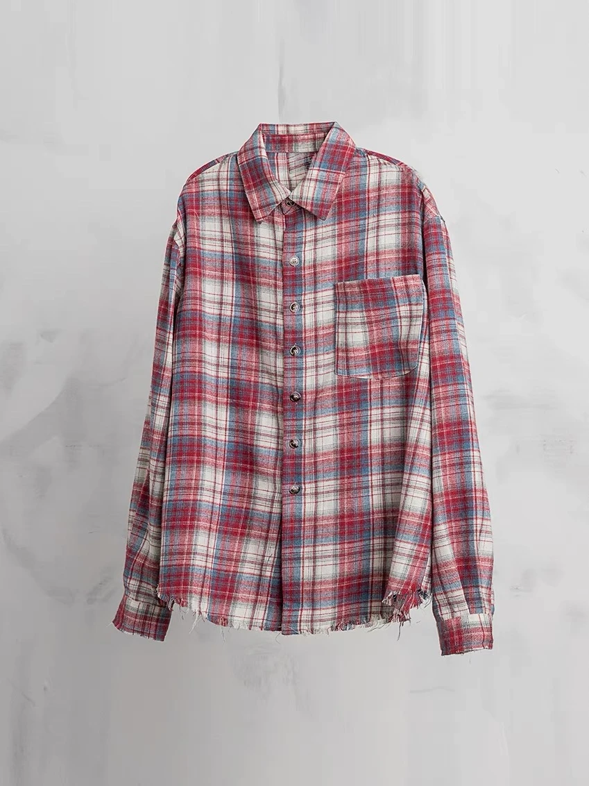 

Ретро американский красный синий клетчатый повседневный отложной воротник базовый слой рваный подол одинаковая верхняя одежда ткань из смеси хлопка