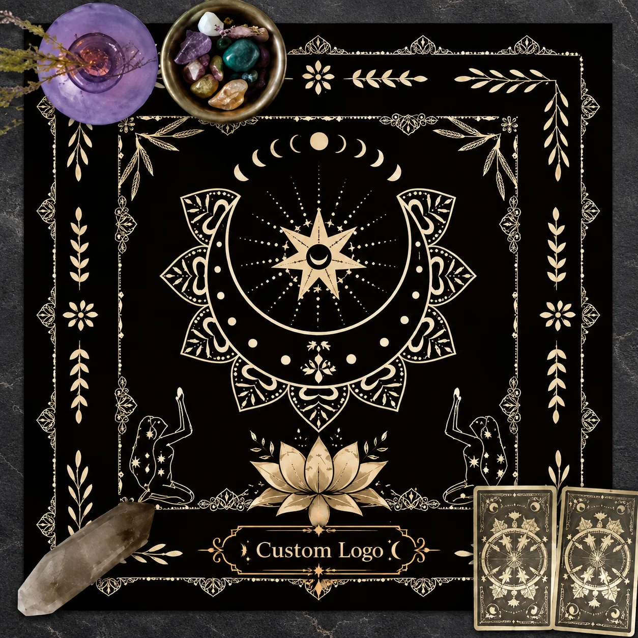 Customized Moonlight Flower Tarot Card Table Cloth, Altar Card Mat, Witchcraft Astrology Supplies, Mystical Decorative Table Mat