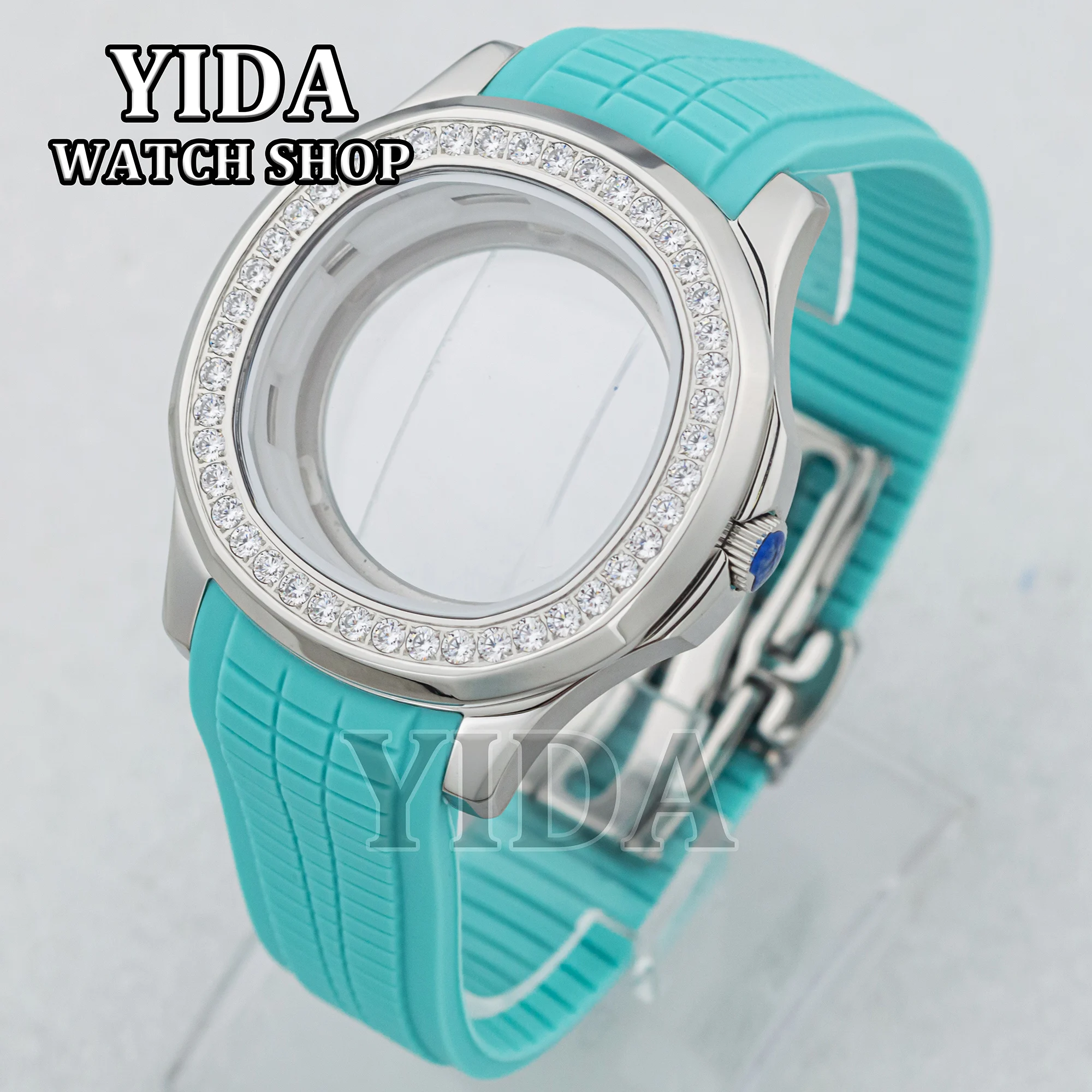 NH35 WatchCase 42MM Diamond Silver Case Rubber Band Sapphire Glass 100M Water Resistace for AQUANAUT Nautilus NH36 Movement Part