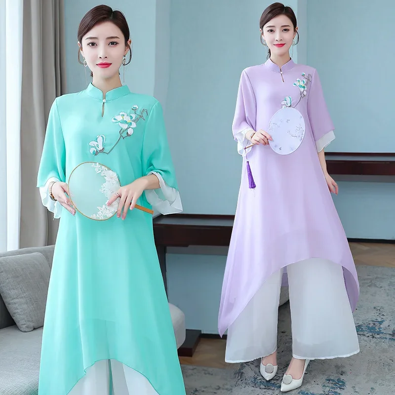 

Vintage Chiffon Embroidery Long Top Wide Leg Pants Suit Casual Loose Elegant Women National Clothing Chinese Style Two Piece Set