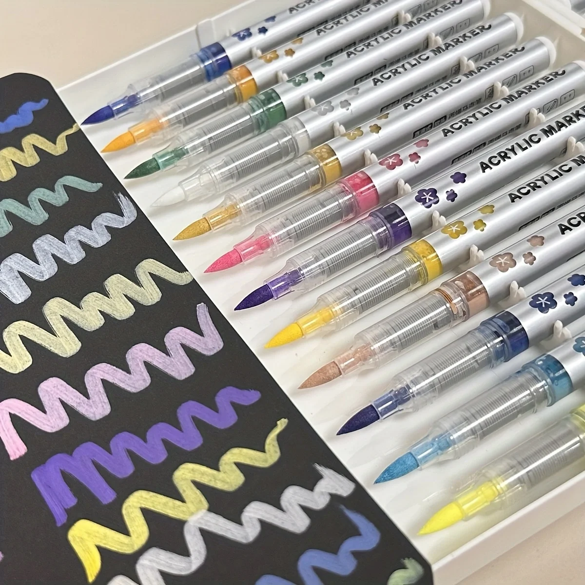 

48 Colors Straight Liquid Acrylic Paint Marker Pens with Soft Brush Tip - Non-bleeding, Layerable, for Fabric, Canvas, Rock