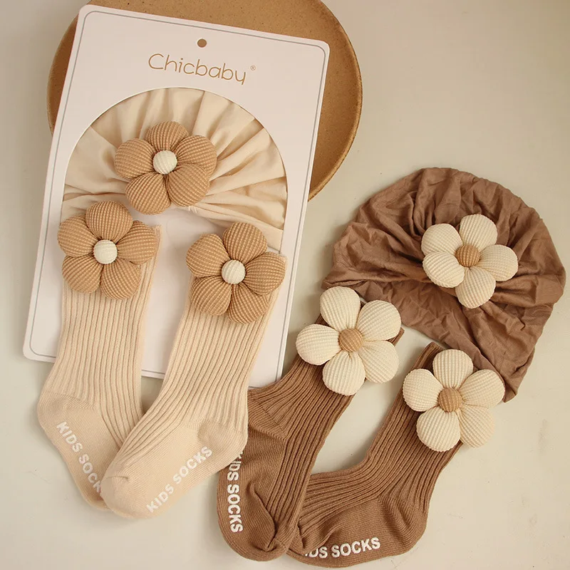 0-12M Infant Accessories Cute Flower Spring Autumn Cotton Newborn Baby Bebe Girl Hat Socks Two Pieces Set