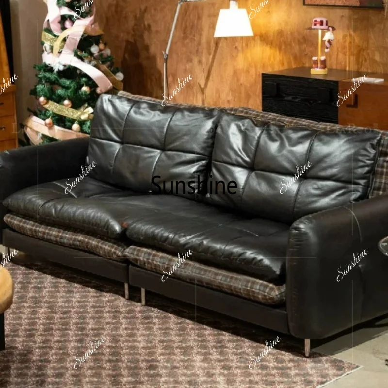 Medieval style, living room straight row, leather cloth combined with two sides to switch small apartment, sofa