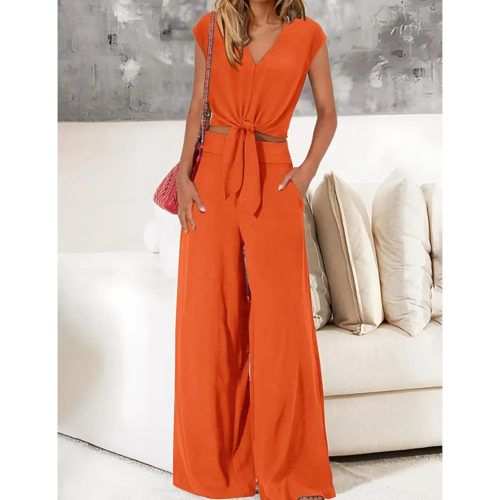 

Новый летний повседневный топ и брюки на шнуровке с v-образным вырезом, комплект из 2 предметов, женские элегантные и модные широкие брюки с карманами, женский костюм