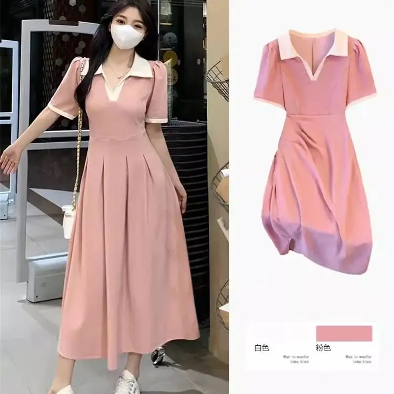 

Women's 2024 Summer New Loose Casual Sports Polo Neck Dress Fat mm Covering Stomach Slim Pink Luxury Long Dress Solid Color WLF