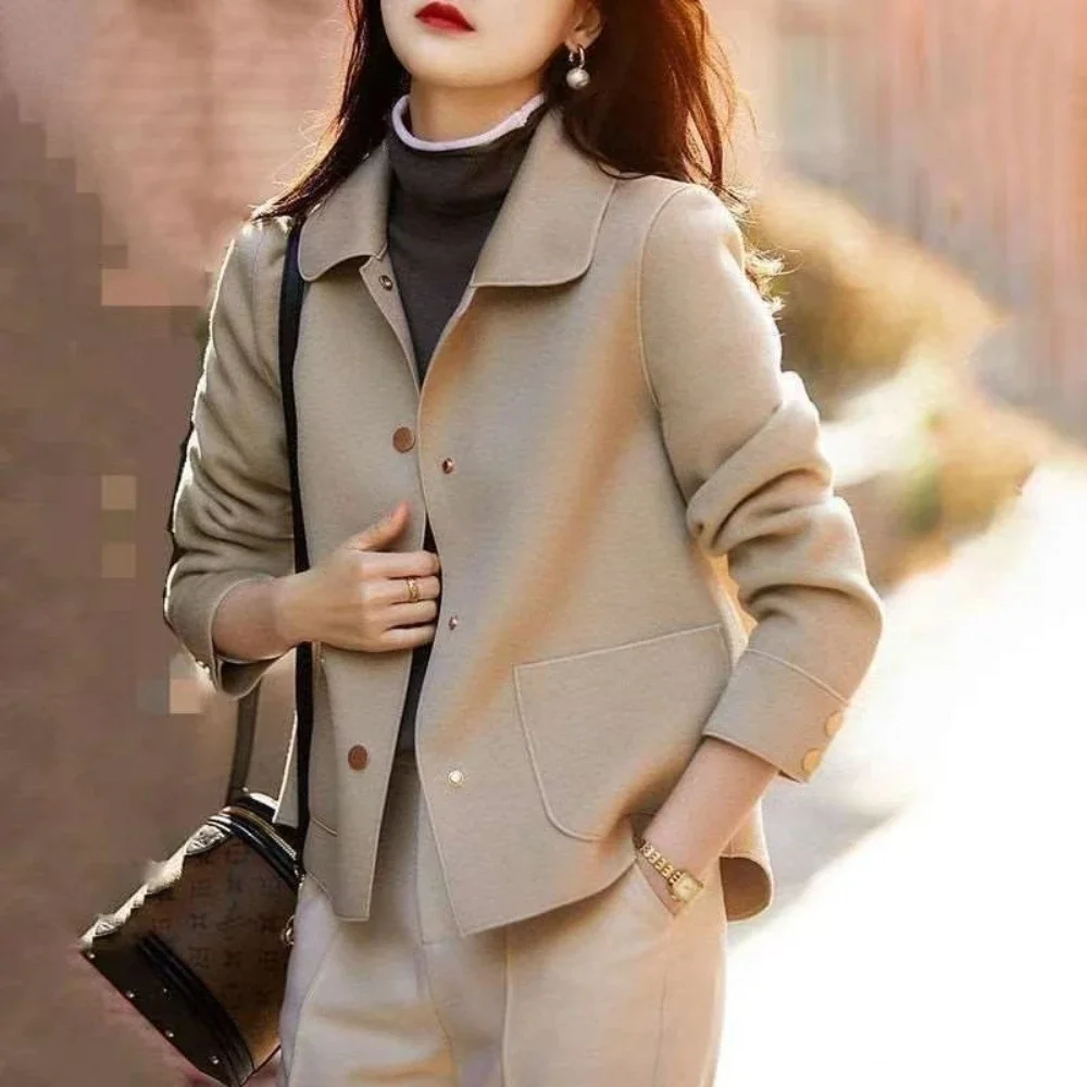 Mixtures Jacket Woman Plain Half Short Trench Wool Blend Coat for Women Korean Style Clothing Long Sleeve Medium High Quality