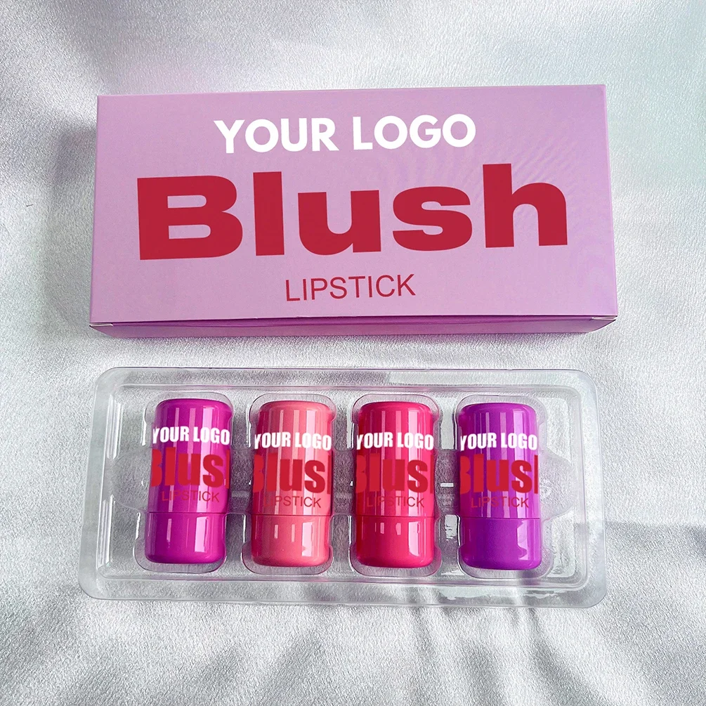 Private Label Blush Stick Kit Custom Logo Jelly Blusher 4-piece Set Bulk Pigment Waterproof Lip Cheek Makeup Vegan Pink Package