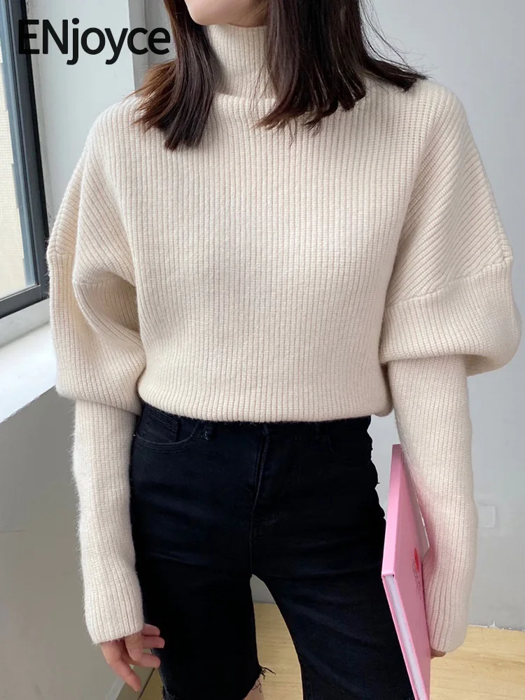 

ENjoyce Autumn Winter Women Vintage Turtleneck Puff Sleeve Sweaters Ladies Casual Loose Pullovers Knitwear Cropped Tops