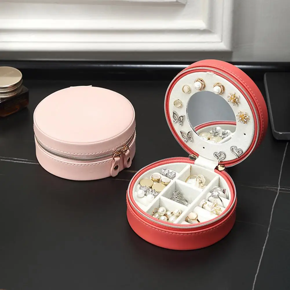 

Jewelry Box Double Zipper Faux Leather Necklace Earrings Storage Case with Makeup Mirror Travel Jewelry Storage Case