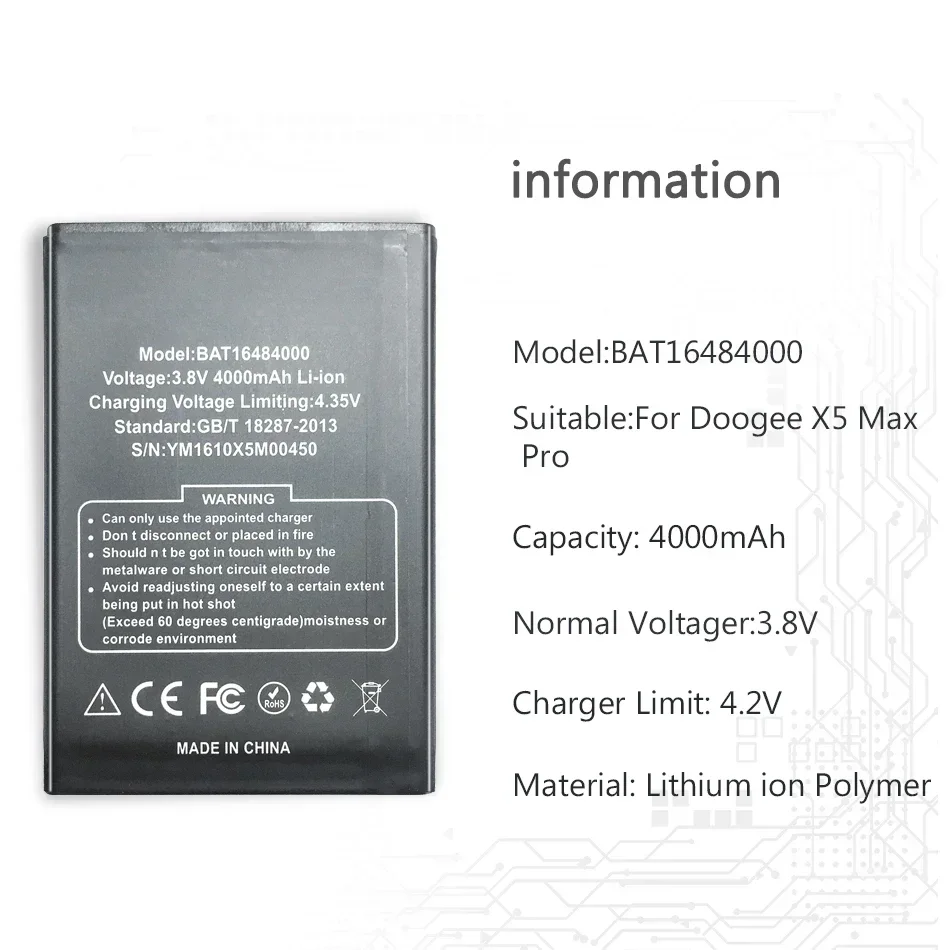 4000mAh Mobile Phone Battery for DOOGEE X5 MAX Pro BAT16484000 Portable Batteries Warranty + Track Code