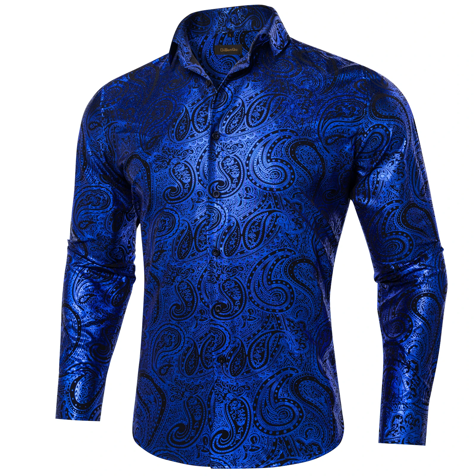 Luxury Gilding Pink Blue Red Paisley Print Silk Dress Shirts for Men Long Sleeve Social Men Clothing Tops Slim Fit Blouse