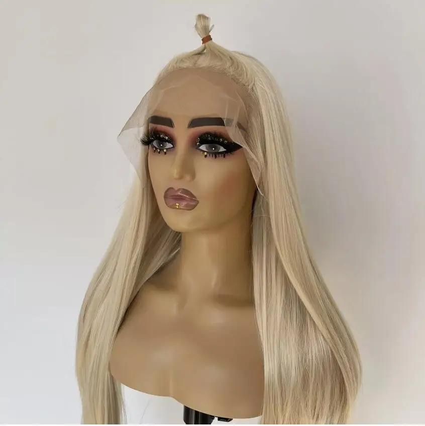 Lace Front Wig Pre Plucked Long Straight Women Synthetic Hair Bleach blonde