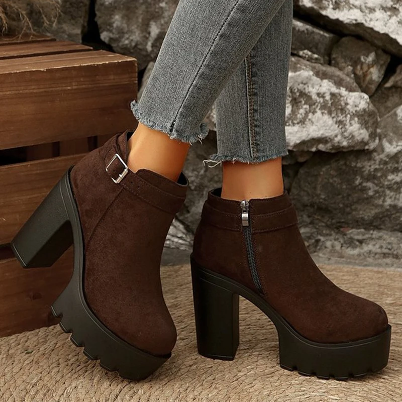 

Элегантные женские ботинки на очень высоком каблуке, ботильоны на толстом каблуке и платформе, женские замшевые ботильоны с боковой молнией размера плюс, женские ботинки