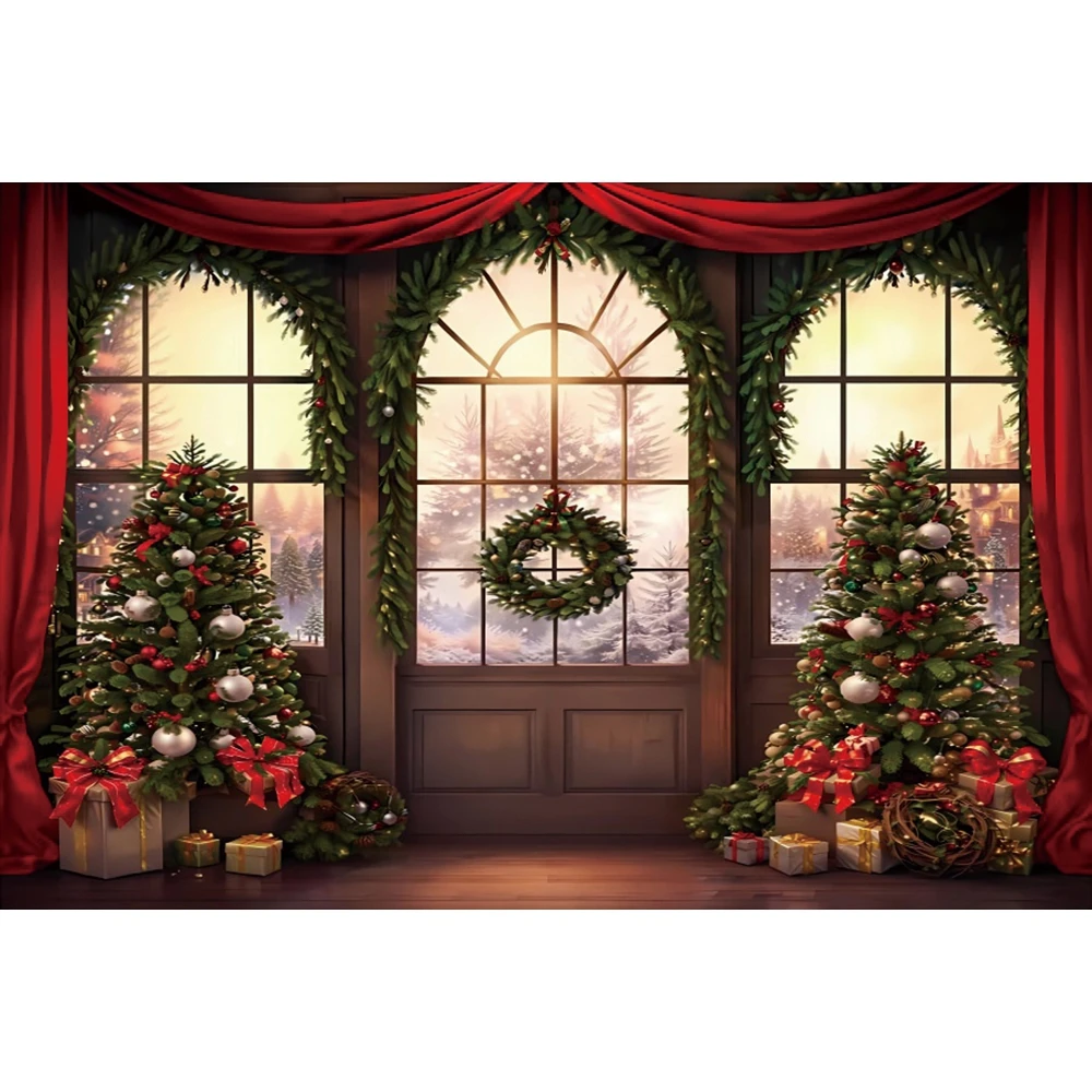 Christmas Window Backdrop Winter Wonderland Snow Tree Starry Sky Moon Reindeer Santa photography Background Decor Photo Studio