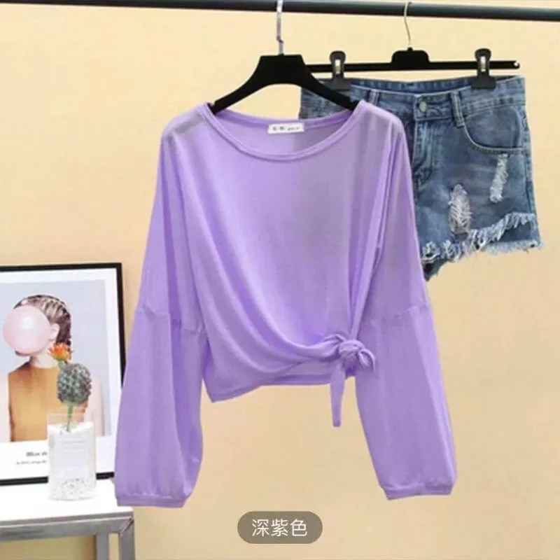 Fairy Summer New Style High-waisted With Knotted Hem Long-sleeved Shirt Loose Ultra-thin Breathable Top