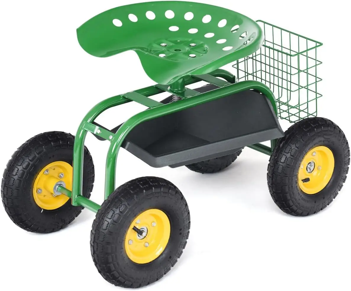 

360-Degree Swivel Garden Work Seat with Wheels, Adjustable Height, Tool Basket for Outdoor Gardening and Planting