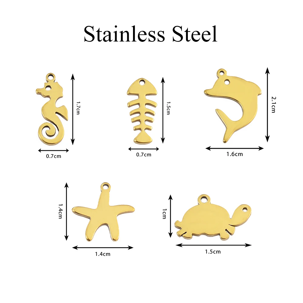 10pcs Seahorses/Turtles/Starfish/Fish Bone/Dolphins Charms Pendant Stainless Steel for DIY Bracelet Necklace Jewelry Making