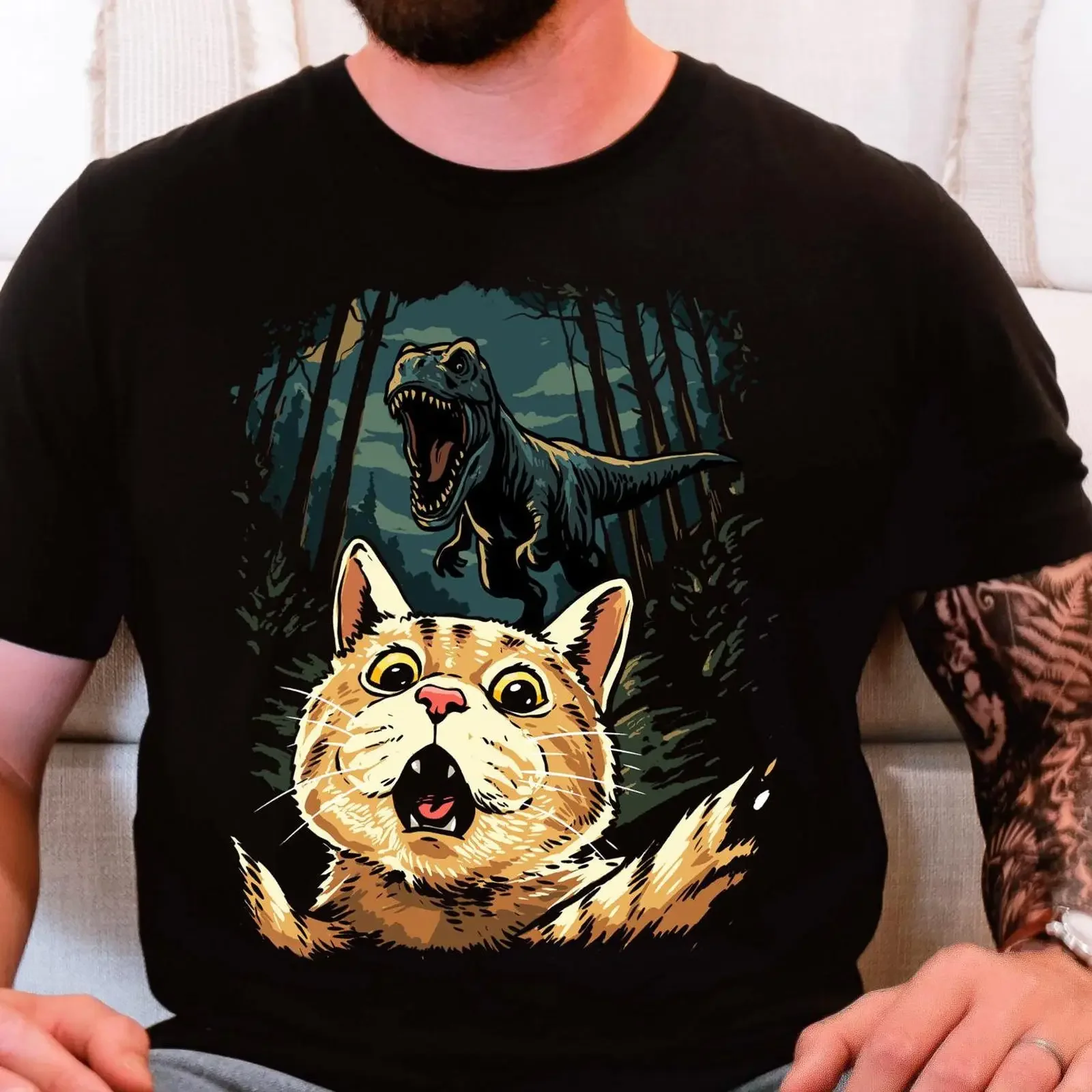 Funny CaT T Shirt Selfie Dinosaur Sarcastic Animal Meme  vintage Washed Stretched Breathable designer clothes Comfortable