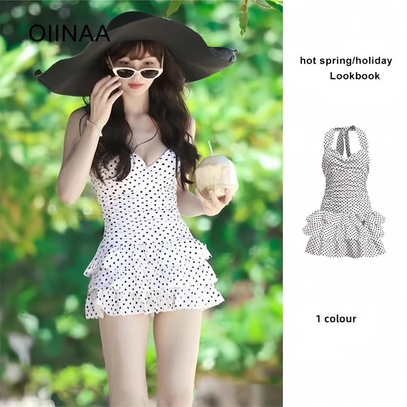 

OIINAA Dot Swimwear Women V Neck Backless Beach Dress Ruffled Vintage Hot Spring Swimwear Summer 2025 New Fashion Korean Biquini