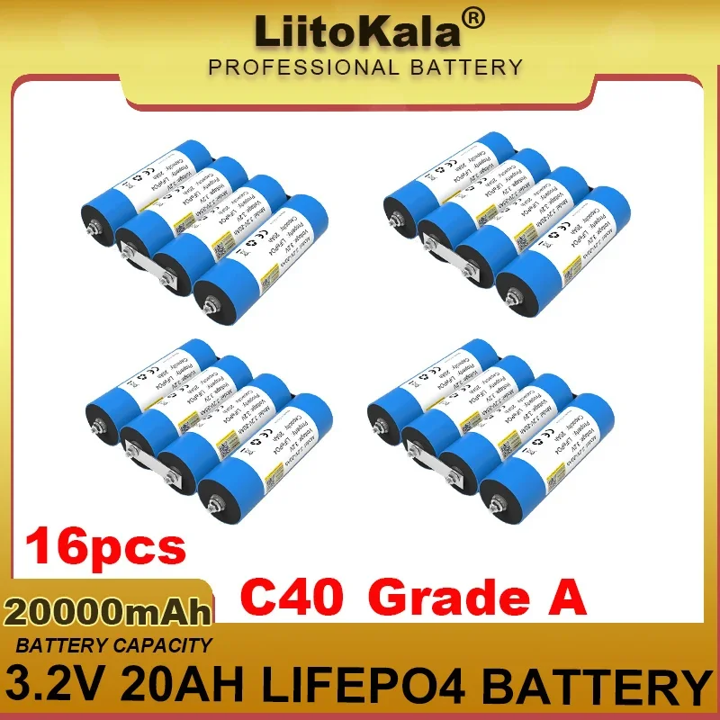 16x LiitoKala 3.2V 20Ah Battery C40 LiFePO4 phosphate Cell for 12V 4s Motorcycle Car motor Modification camping Grade A